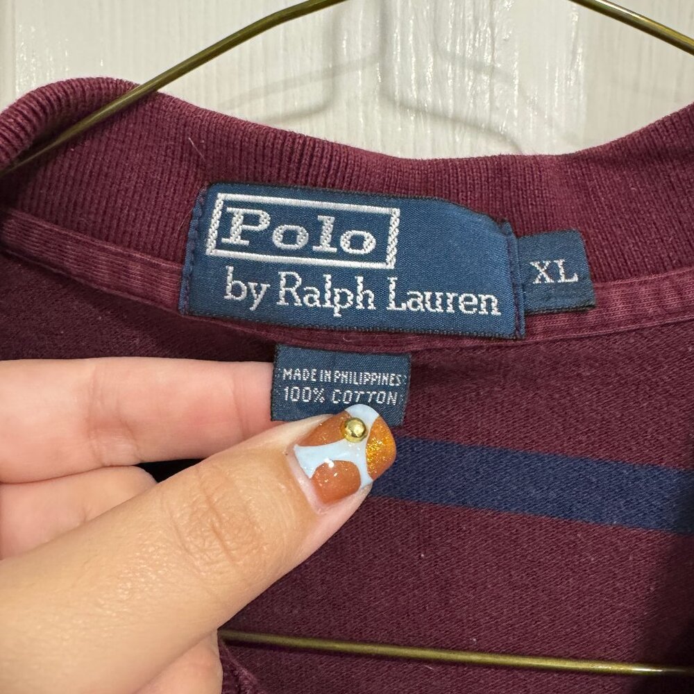 Vintage Polo Ralph Lauren Burghundy and Blue Stripe Long Sleeve Polo, Cotton, XL - Picture 3 of 6
